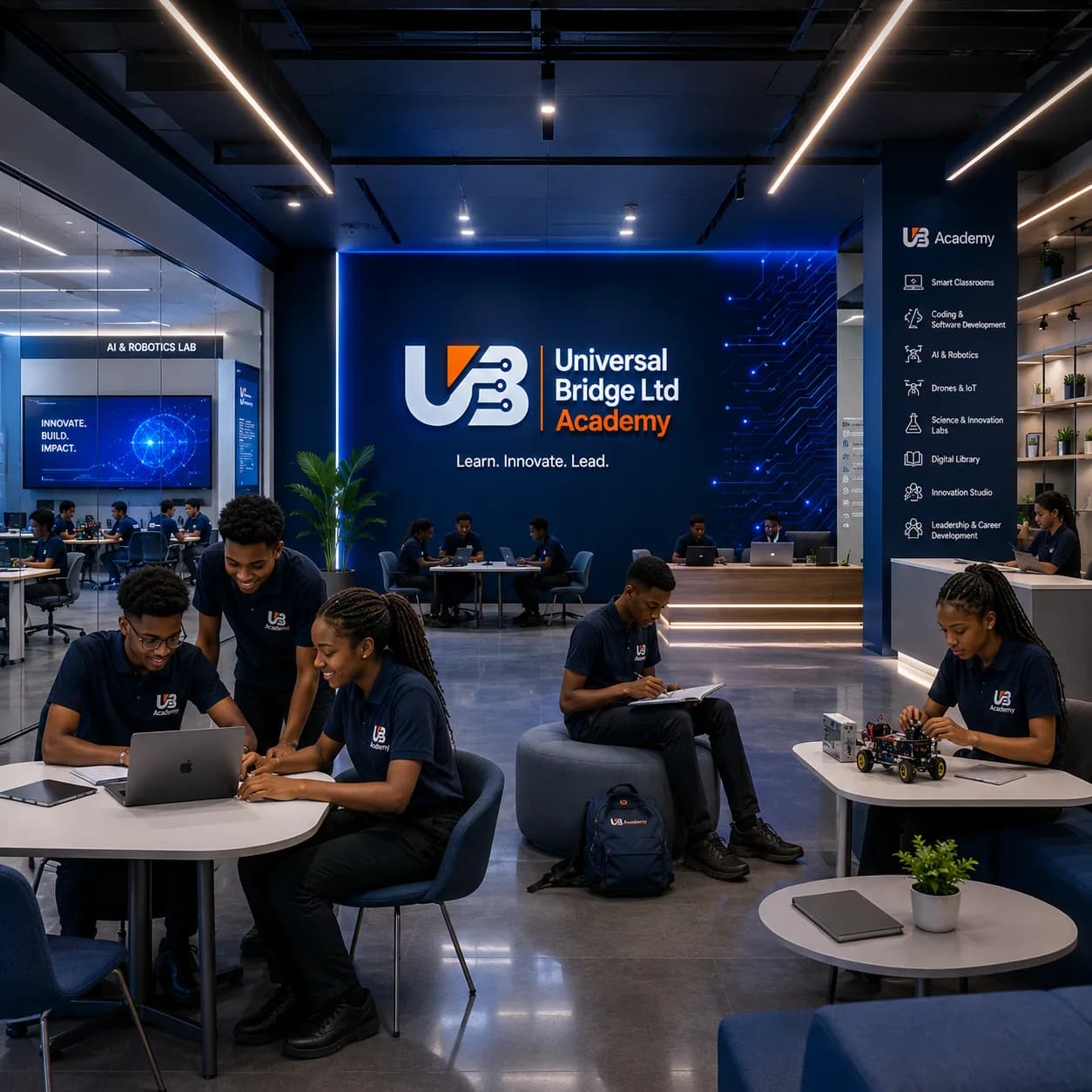 Concept render of a UB Academy learning space with students working on laptops
