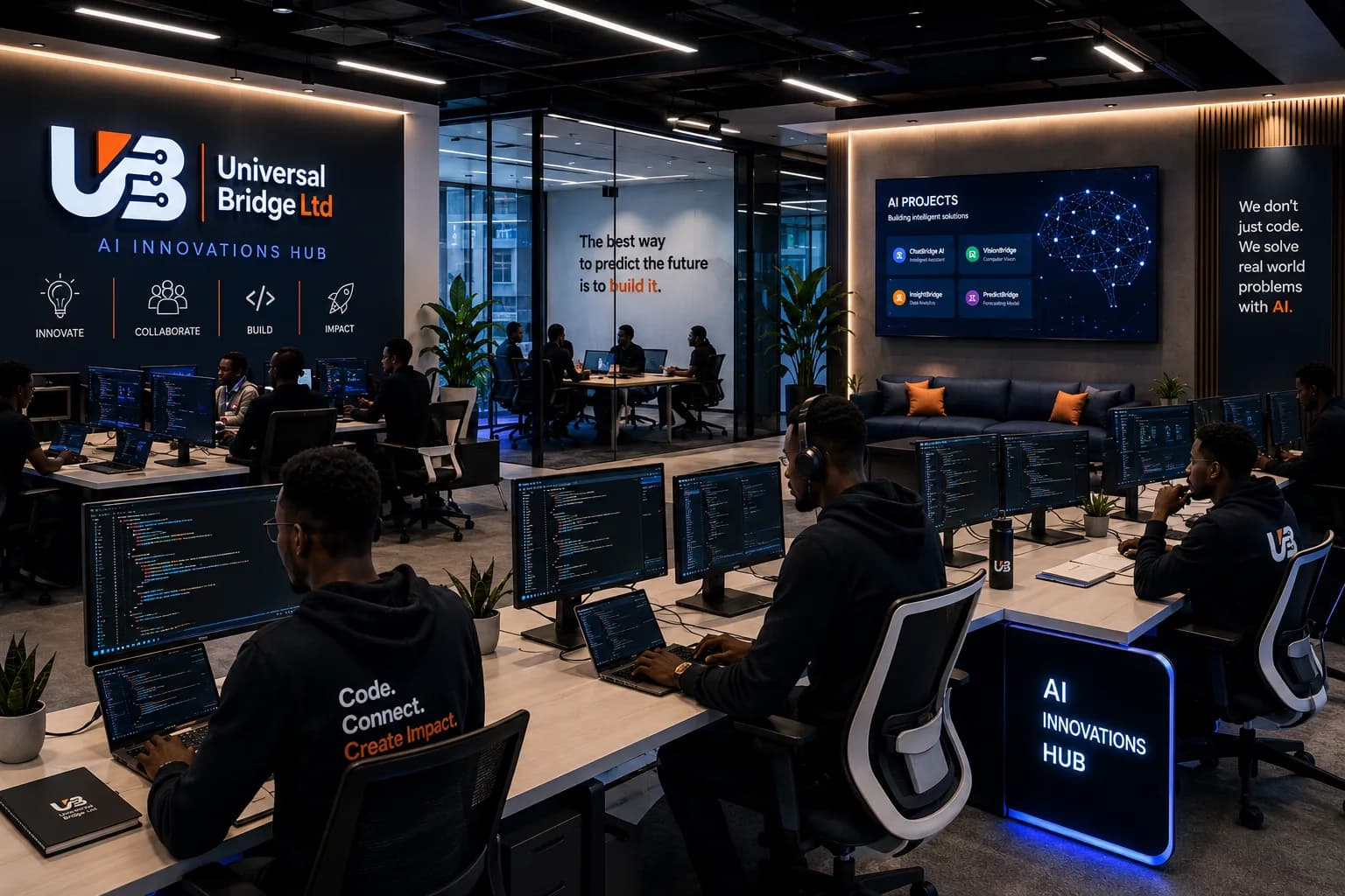 Concept render of the AI Innovations Hub with engineers at workstations and AI dashboards on the walls