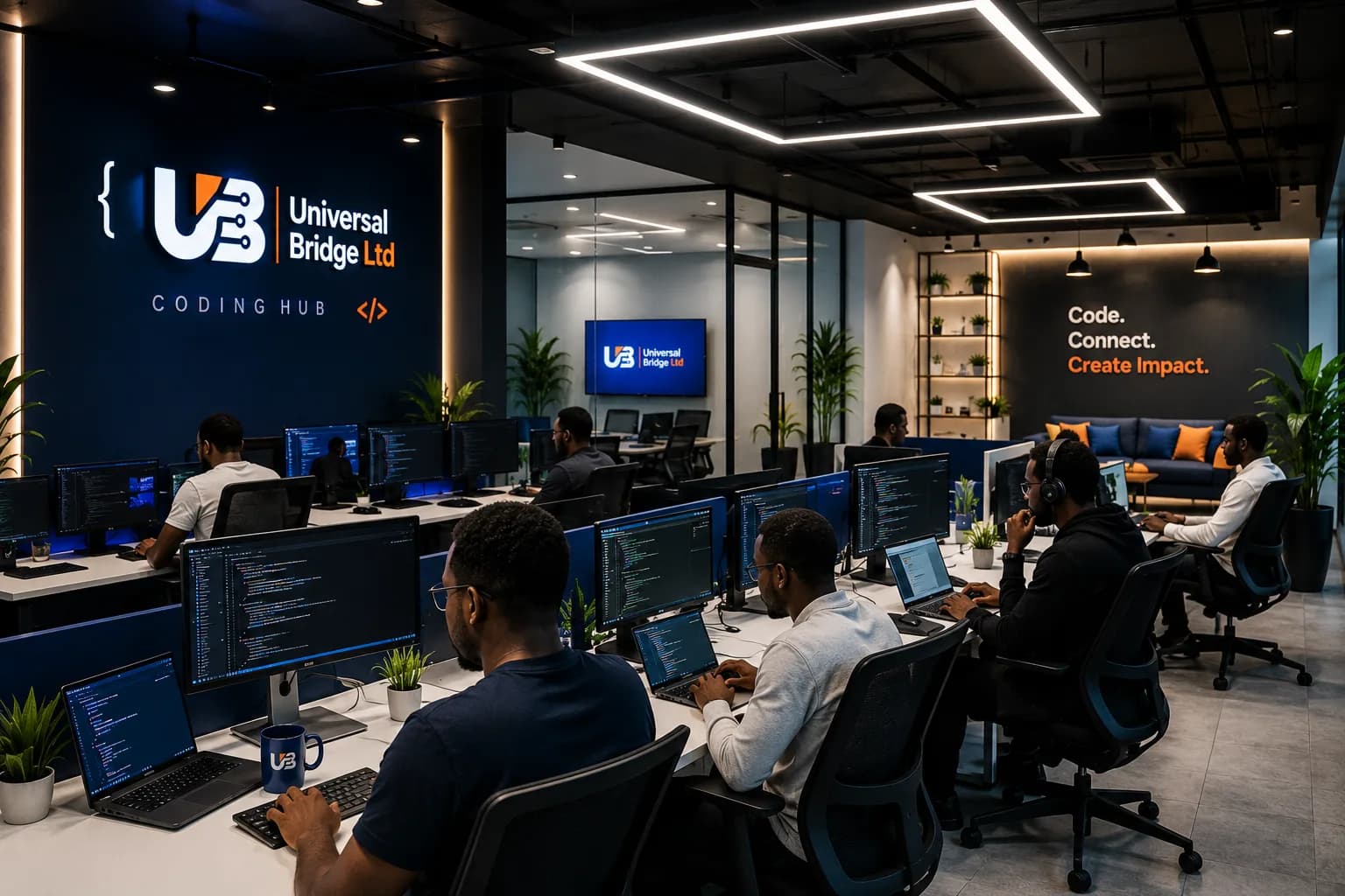 Concept render of the Coding Hub: developers working at rows of screens