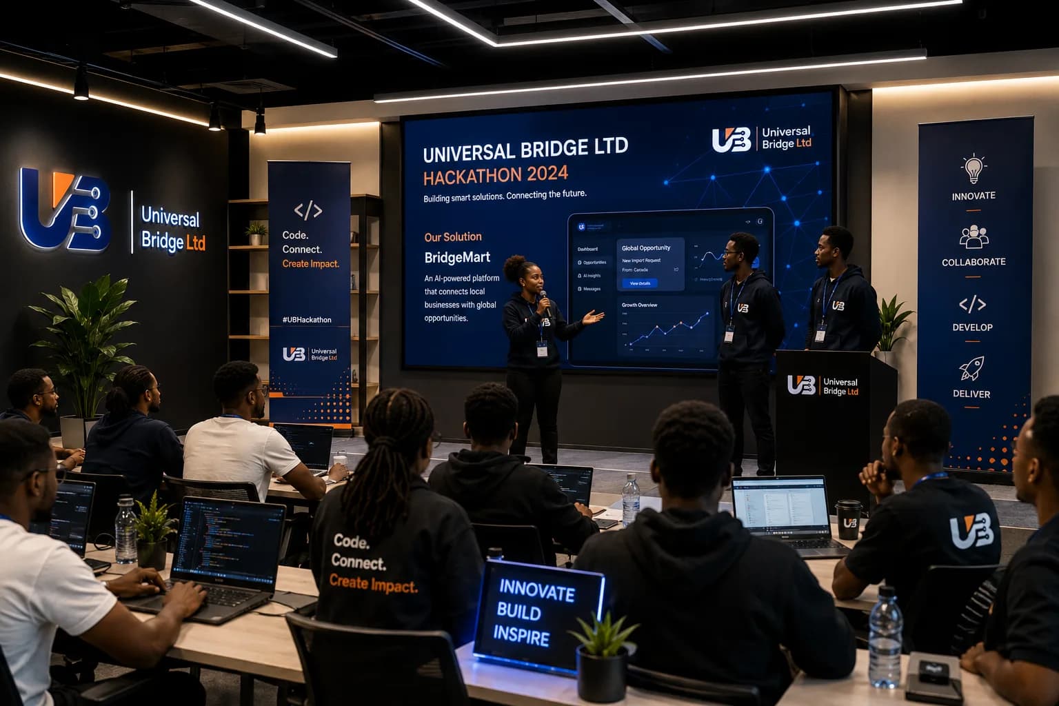 Concept render of a UB Hackathon demo day: a team presenting the BridgeMart concept to an audience