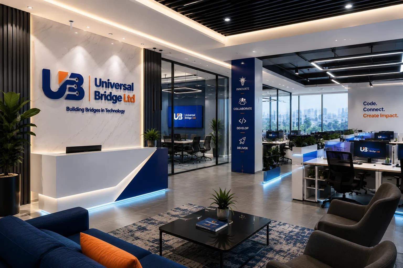 Concept render of a Universal Bridge reception with a logo wall and an open-plan office behind it