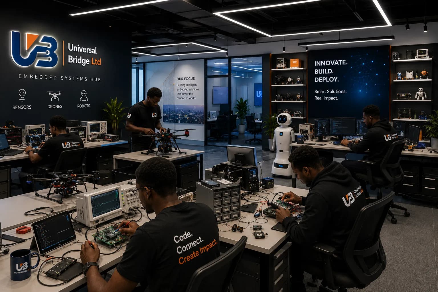 Concept render of the Embedded Systems Hub: engineers building circuits, drones and a small robot